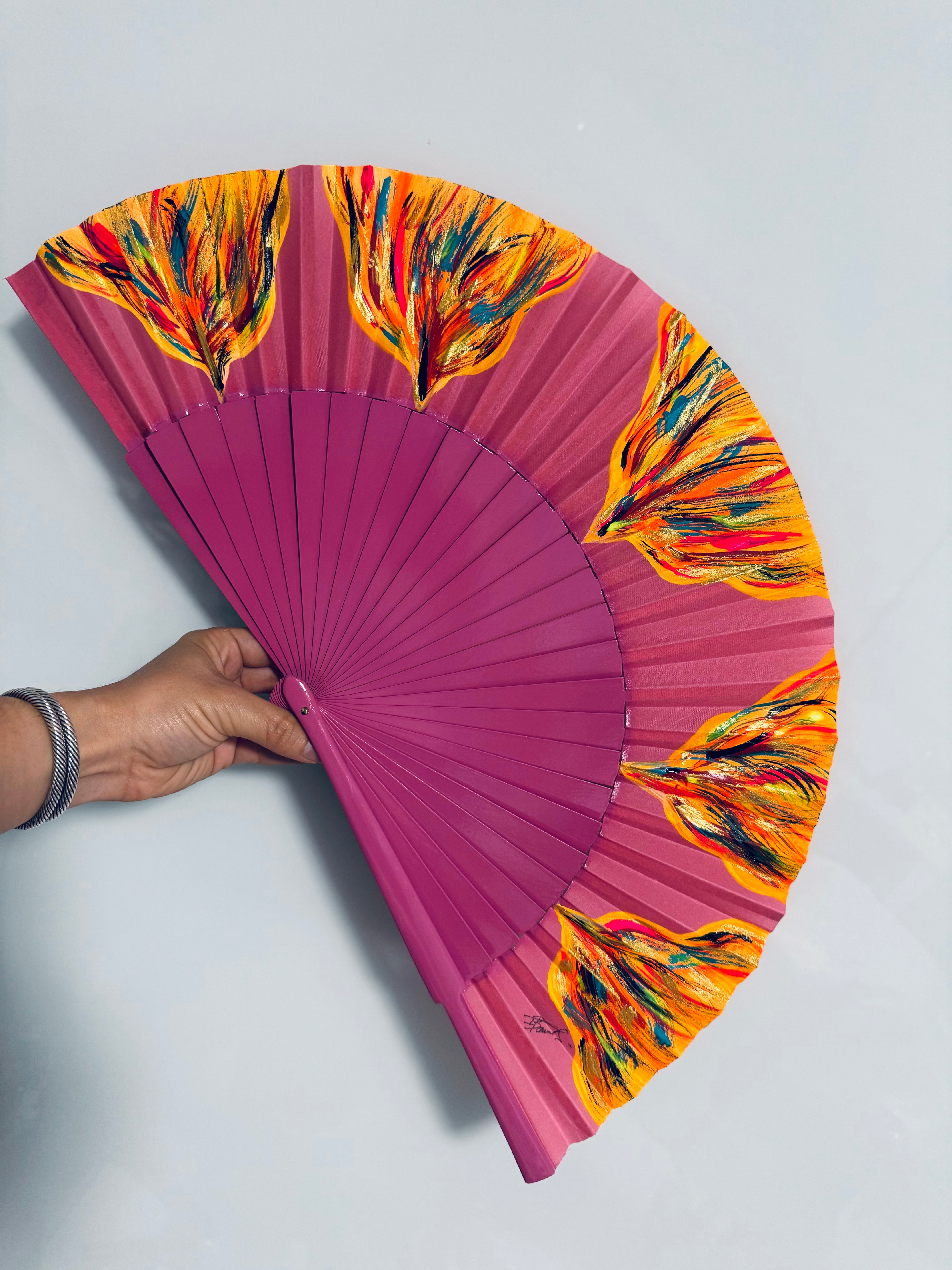 Pink Hand Painted One oF a Kind Kolorete Medium Hand Fan