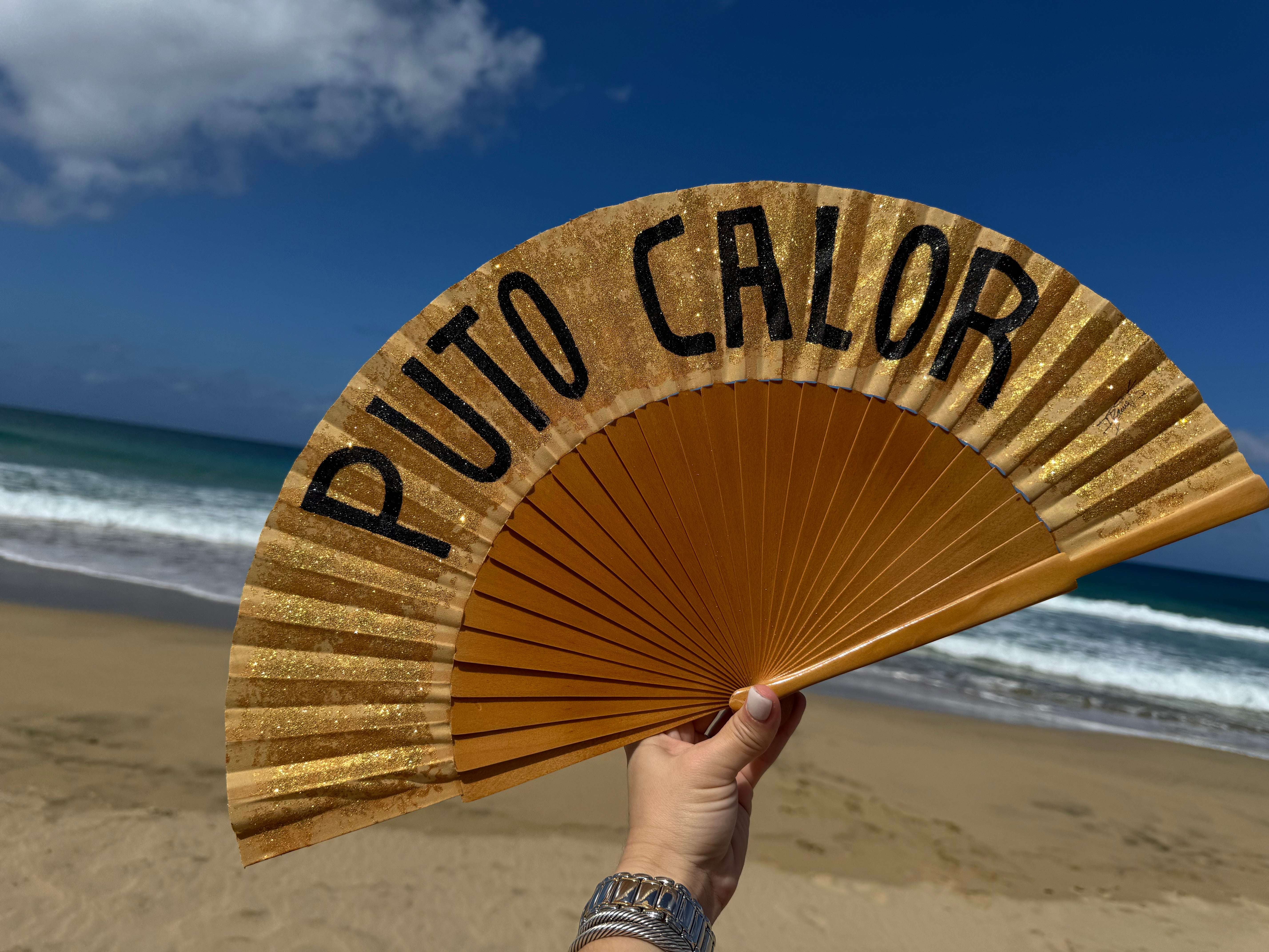 Natural Gold Glitter KOLORETE Hand Painted Medium Hand Fan