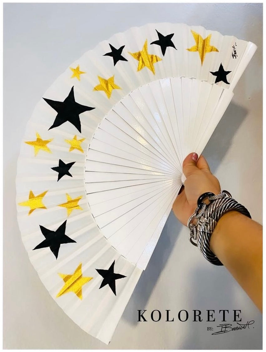 Black Gold Stars Hand Painted Kolorete Medium Hand Fan