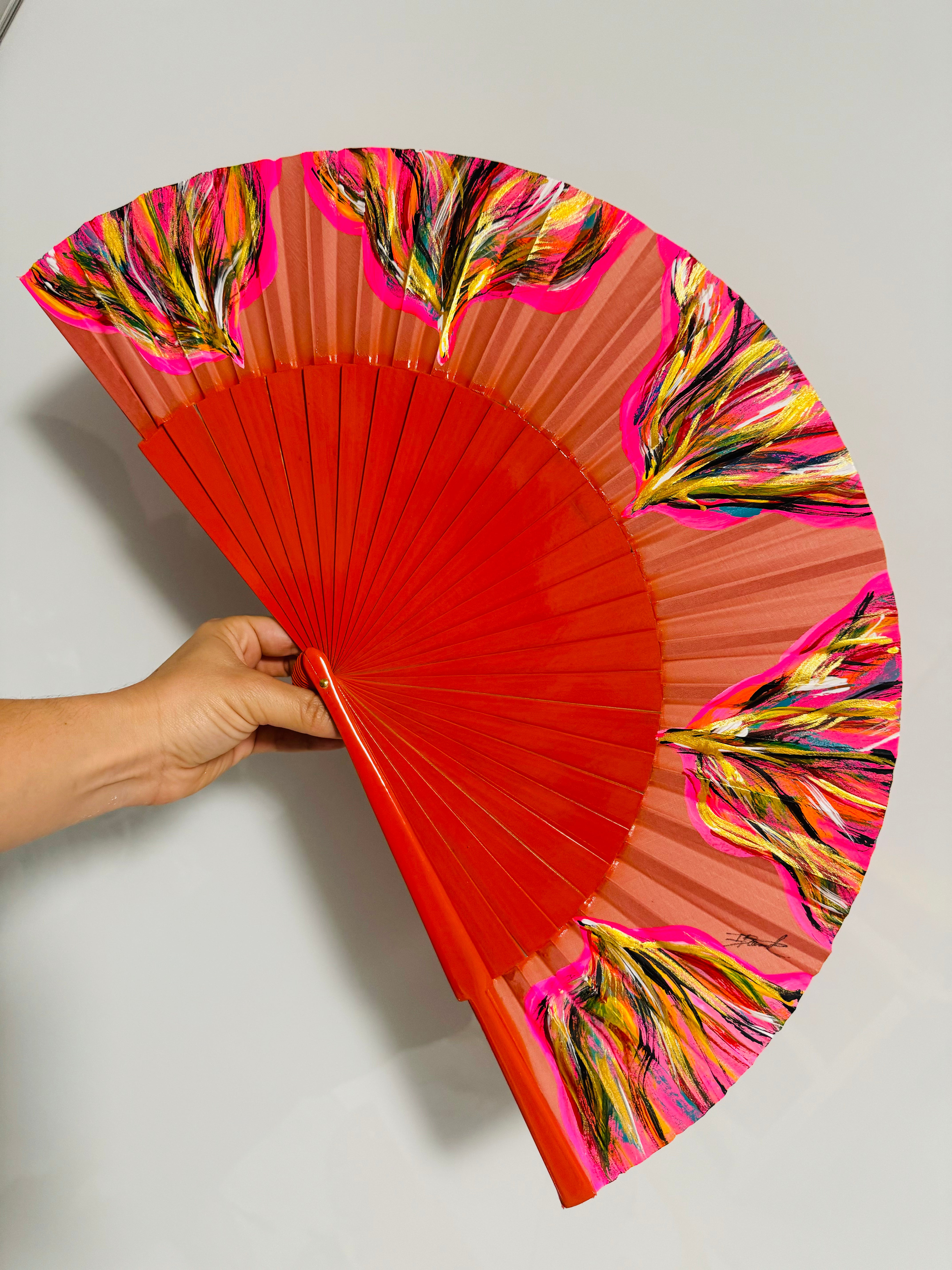 Orange Hand Painted Kolorete Medium Hand Fan