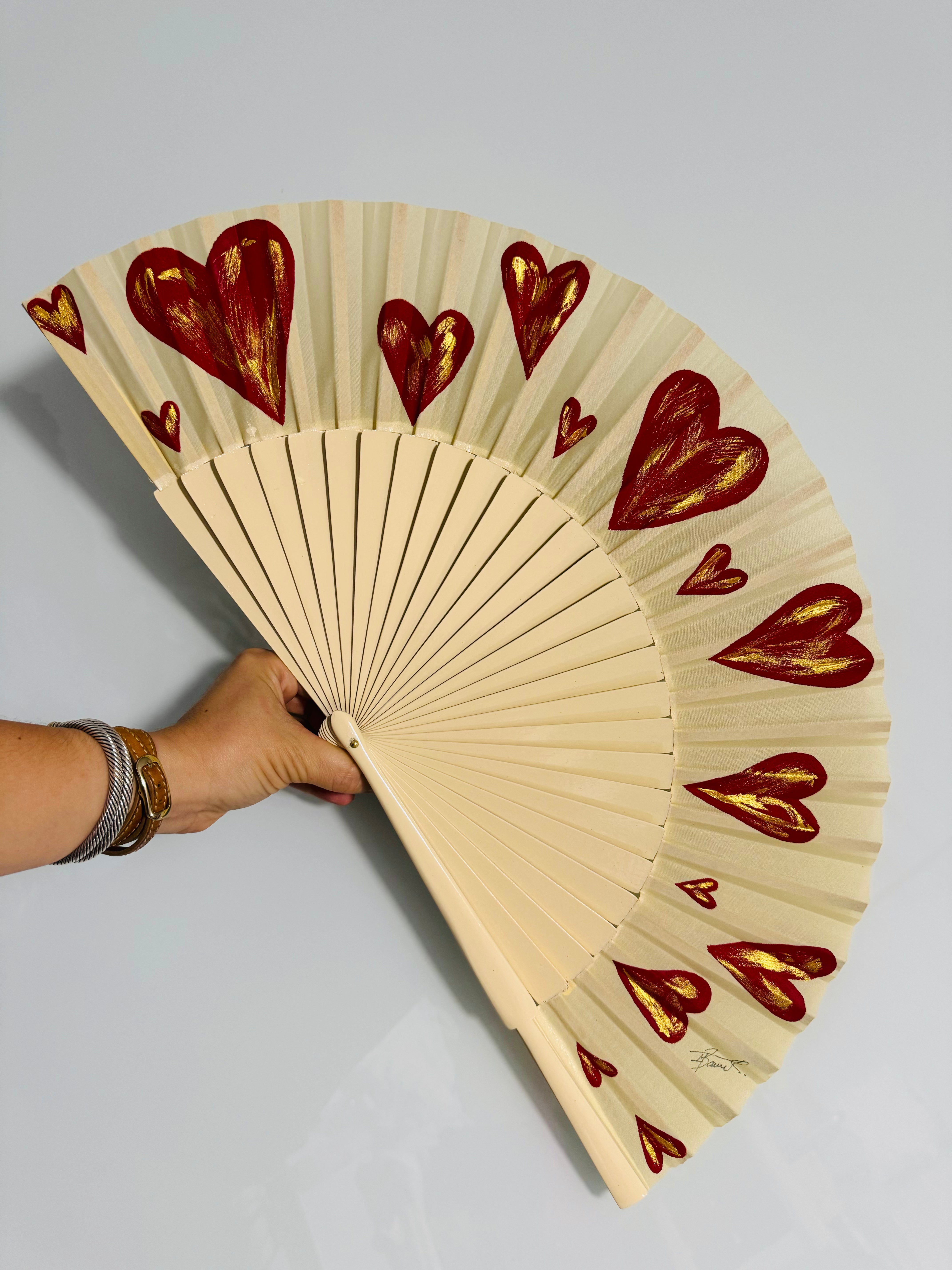 Red Hearts Hand Painted Kolorete Medium Hand Fan