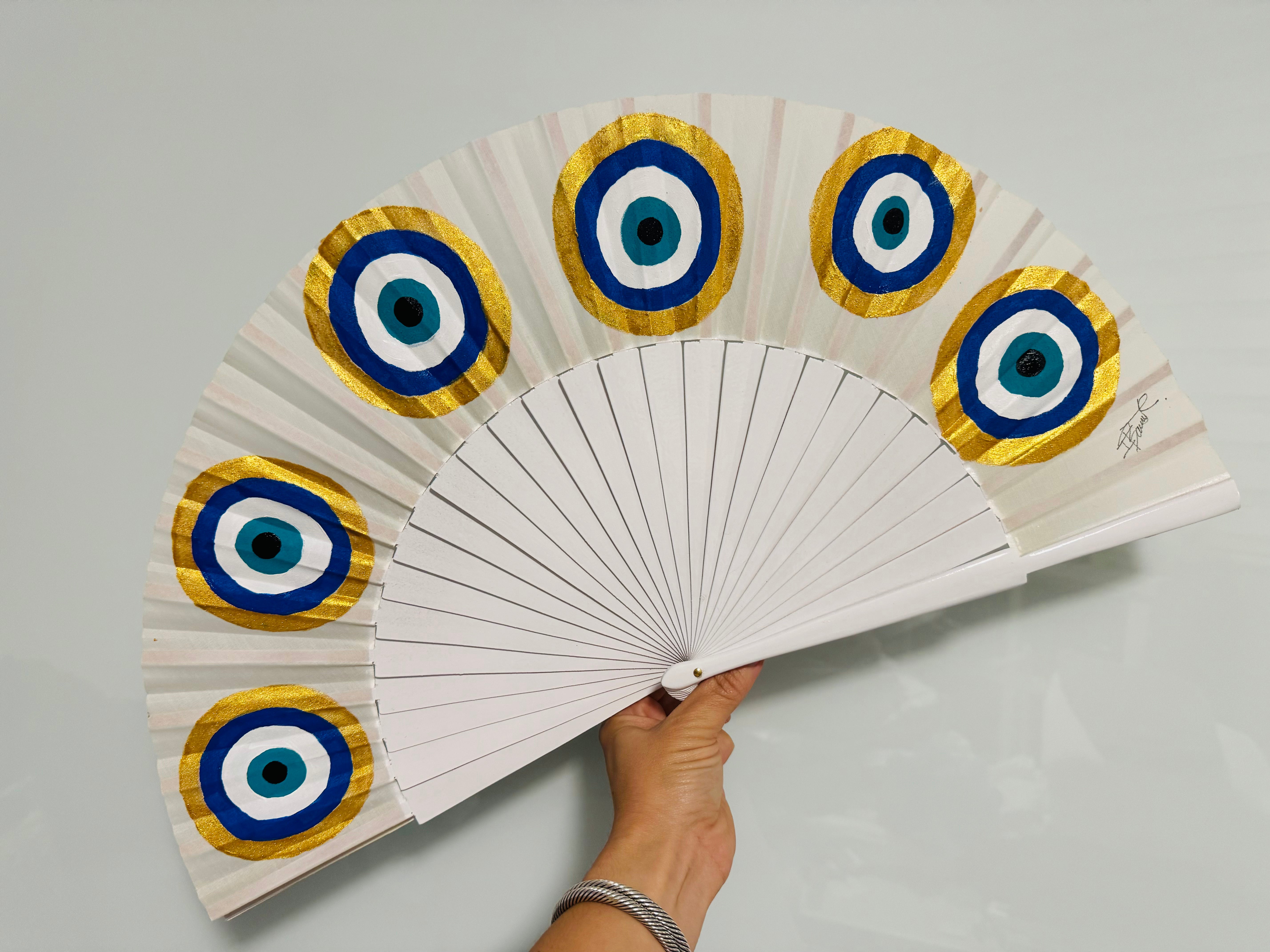 White Wood Eyes Hand Painted Kolorete Medium Hand Fan