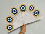 Load image into Gallery viewer, White Wood Eyes Hand Painted Kolorete Medium Hand Fan
