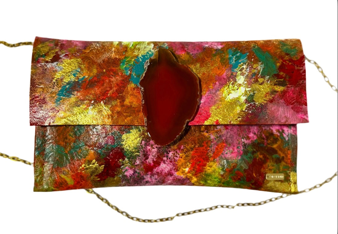 One of a Kind Multicolor Leather Hand Painted Kolorete Clutch Bag With Chain