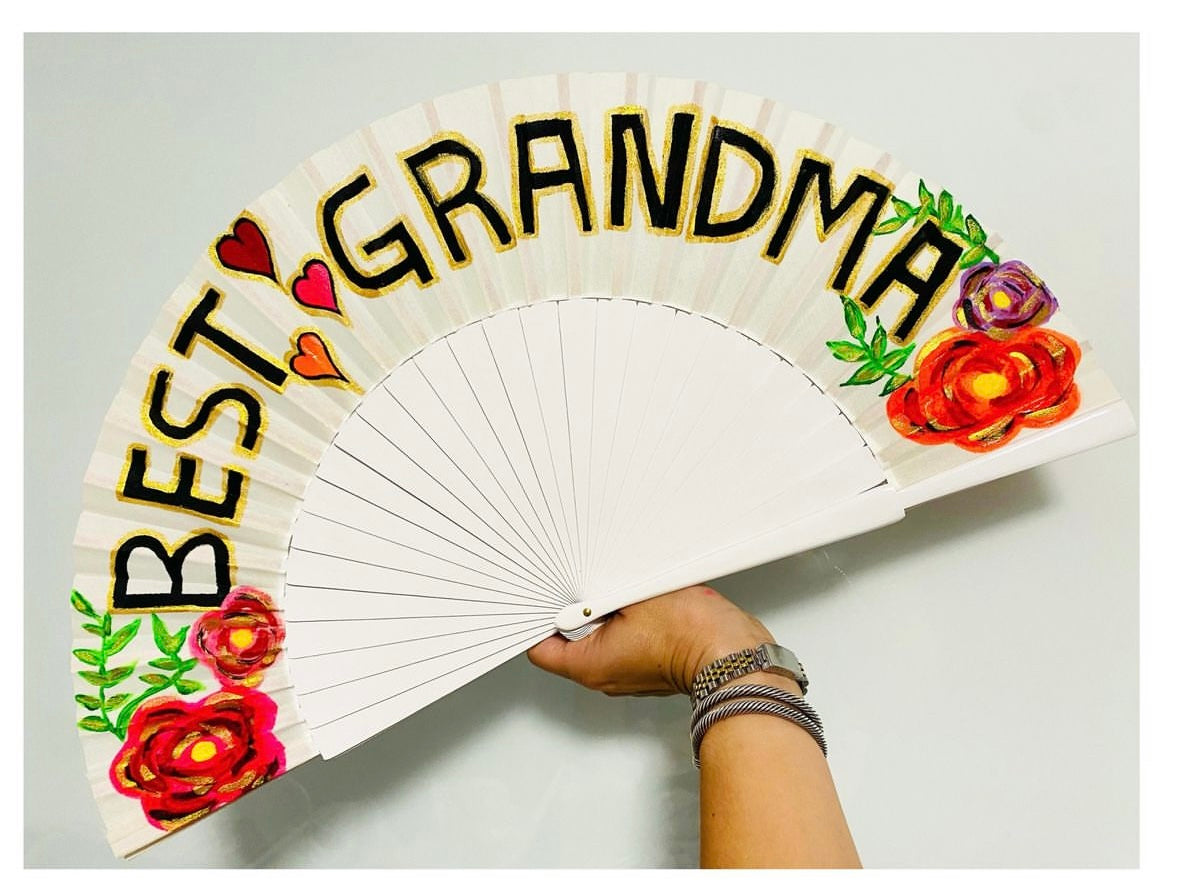 White Hand Painted Kolorete Medium Hand Fan