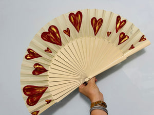 Red Hearts Hand Painted Kolorete Medium Hand Fan