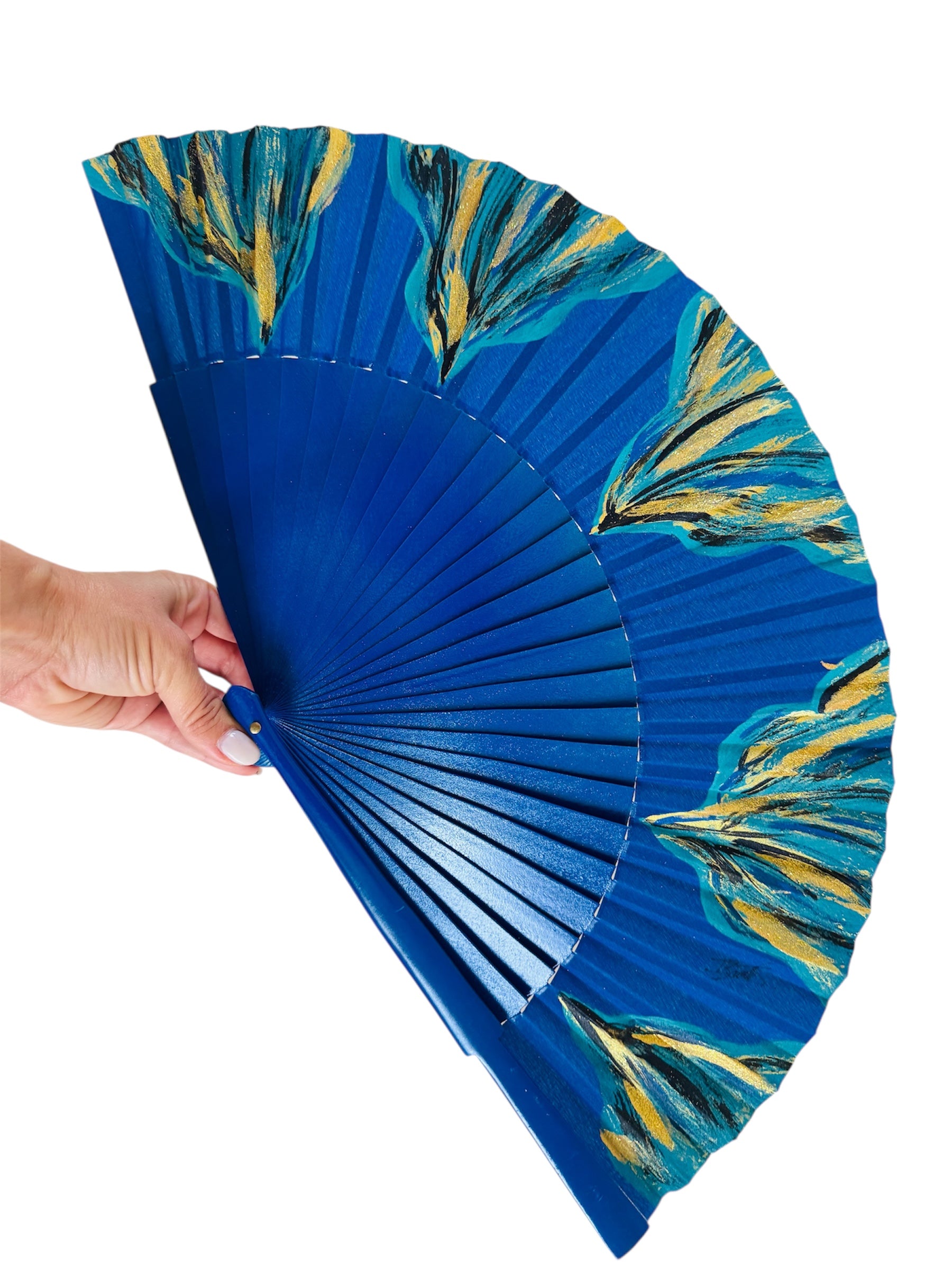 Blue Hand Painted Kolorete Medium Hand Fan