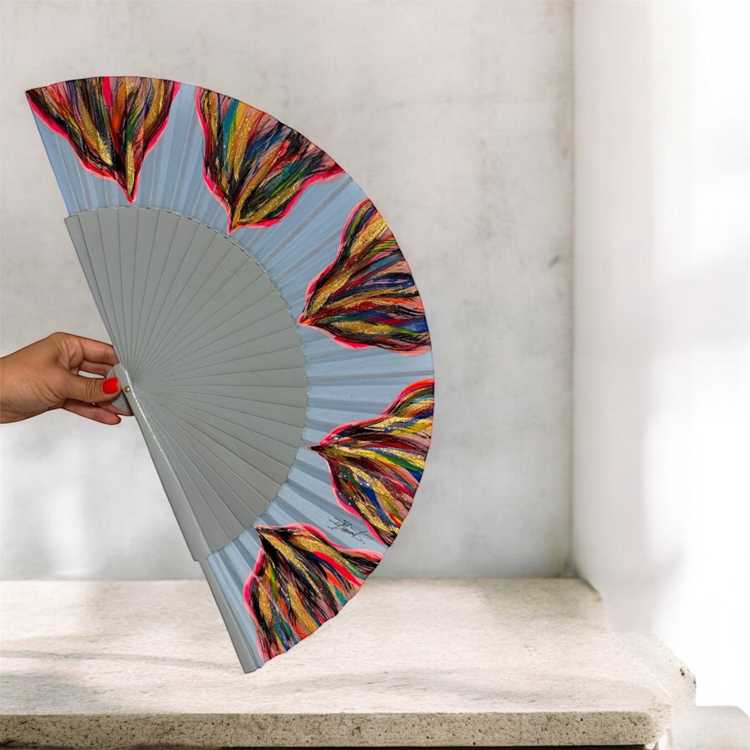 Blue Multicolored KOLORETE Hand Painted Hand Fan