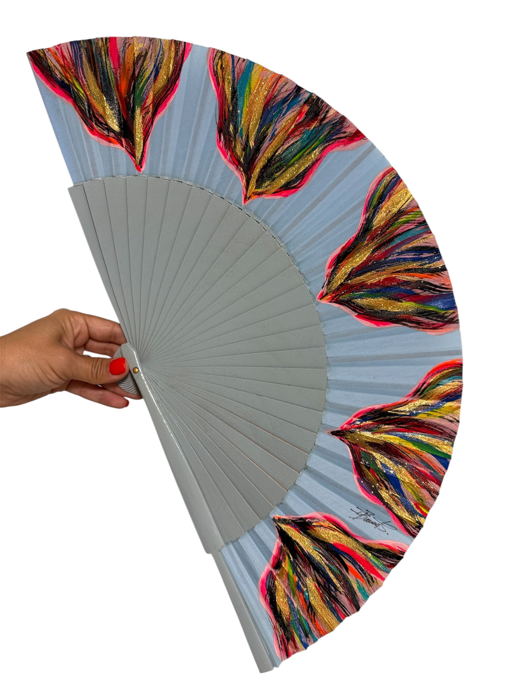 Blue Multicolored KOLORETE Hand Painted Hand Fan