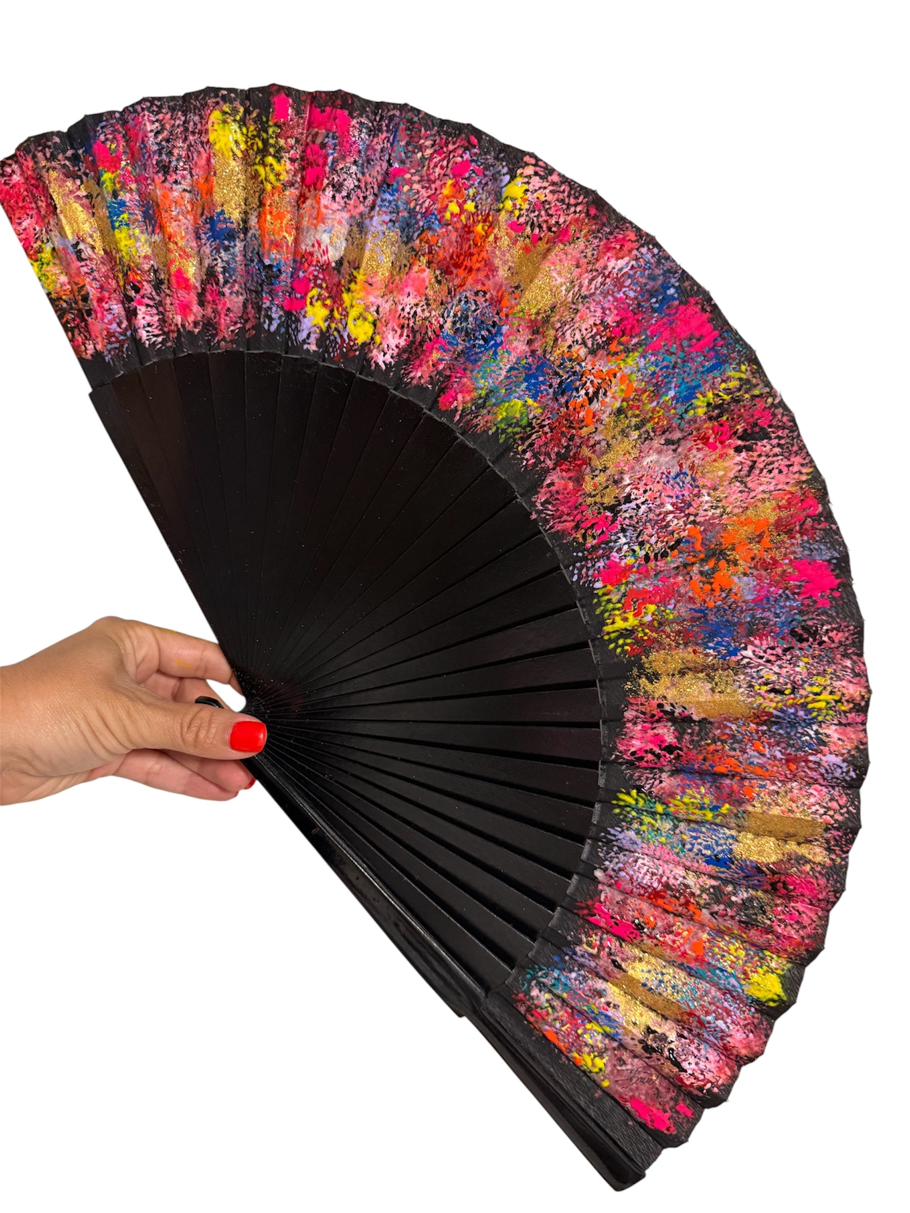 Black Multicolored Hand Painted Kolorete Hand Fan