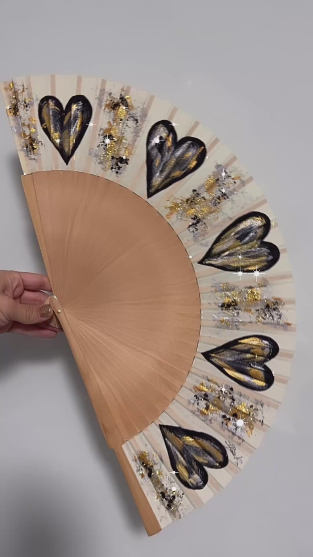 Natural Black Hearts KOLORETE Hand Painted Hand Fan