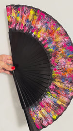 Load and play video in Gallery viewer, Black Multicolored Hand Painted Kolorete Hand Fan

