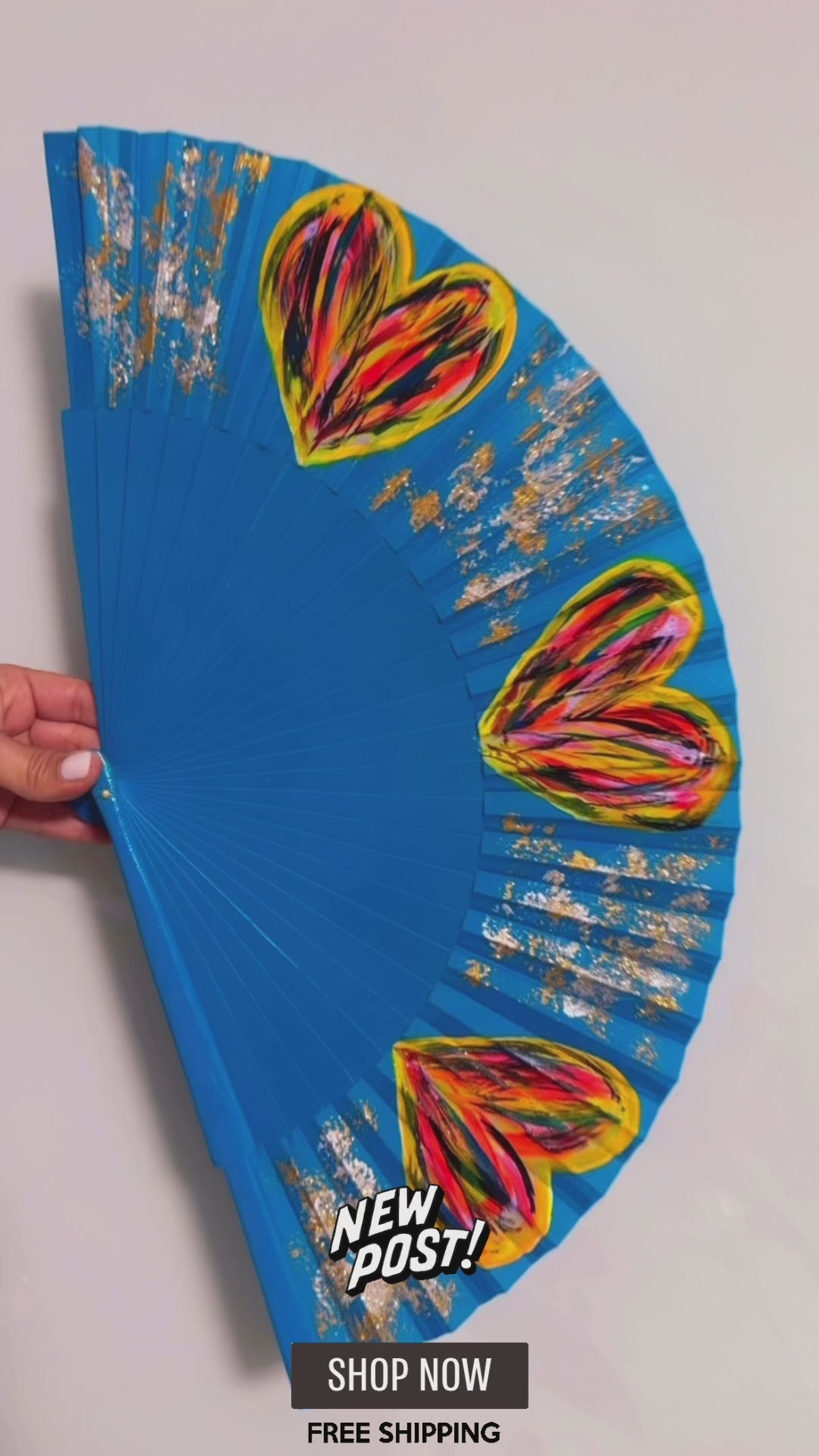 Blue Multicolor Hearts Hand Painted Kolorete Hand Fan