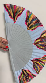 Load and play video in Gallery viewer, Blue Multicolored KOLORETE Hand Painted Hand Fan
