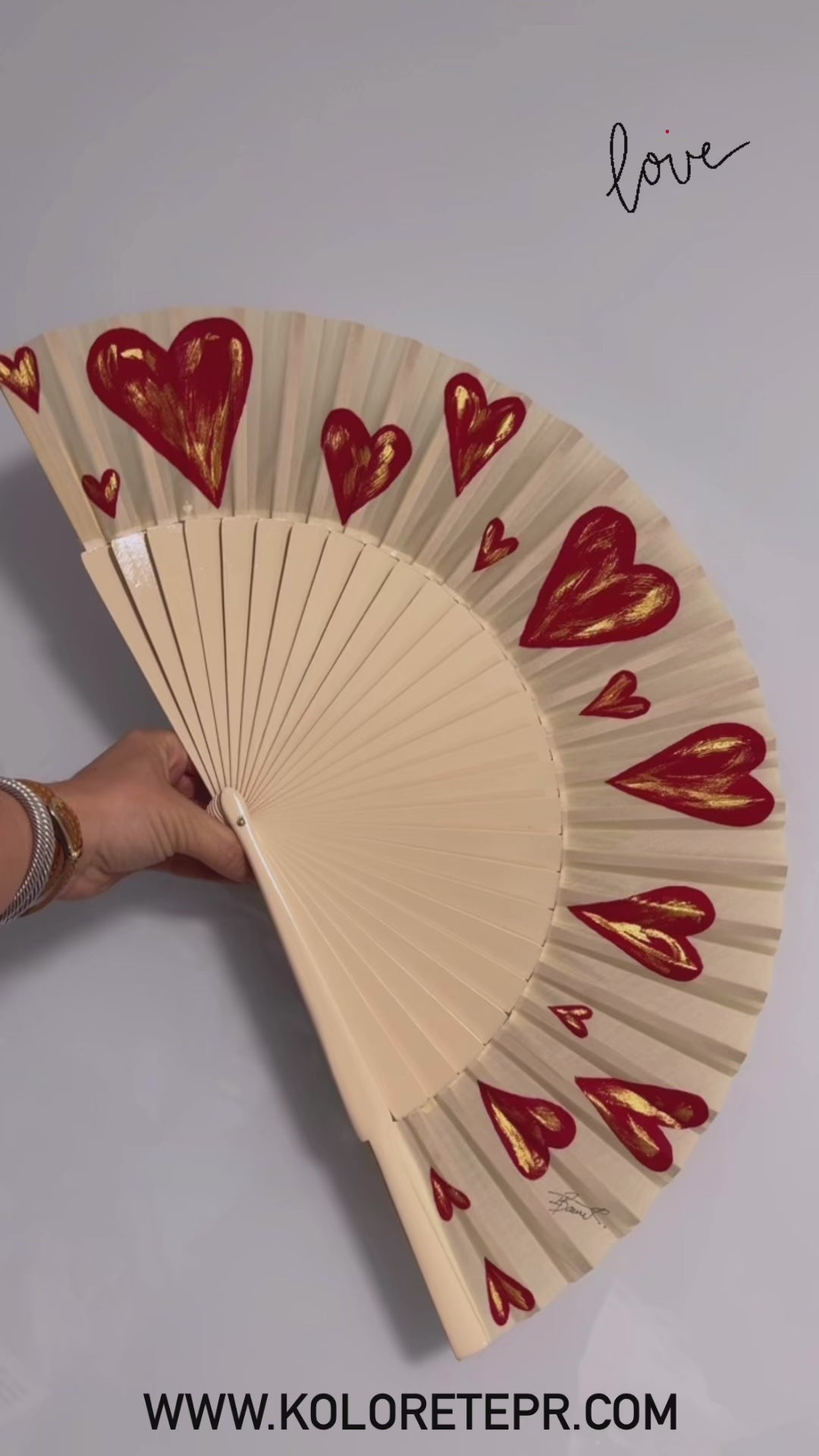 Red Hearts Hand Painted Kolorete Medium Hand Fan